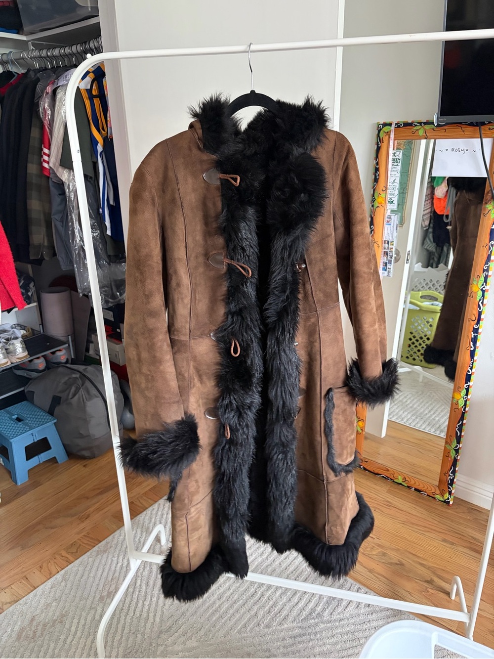 Women's Brown Suede Long Coat with Black Faux Fur Trim
